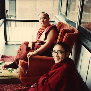 His Holiness the 16th Karmapa with Rinpoche on a balcony at Drubgyud Ling