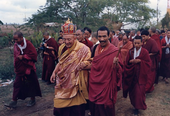 Chobgyay Trichen Rinpoche and a group of monks in Lumbini